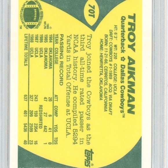 NFL 1989 Topps Traded Troy Aikman #70T Rookie RC Football Card Gem Mint - Picture 2 of 6